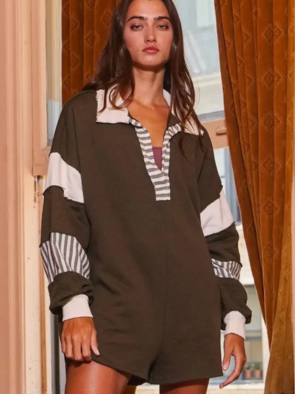 Bucketlist Inc. Olive Green Long Sleeve Polo Romper with Stripe Accents - Picture 2 of 4